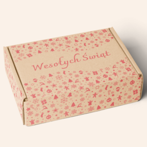 Opakowanie świąteczne szare z czerwonym nadrukiem (35 x 26 x 10 cm)