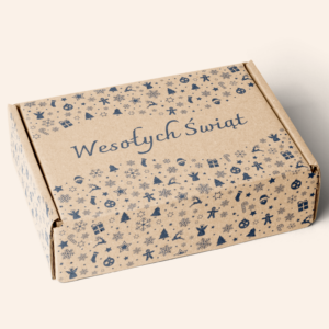 Opakowanie świąteczne szare z granatowym nadrukiem (35 x 26 x 10 cm)