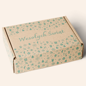 Opakowanie świąteczne szare z zielonym nadrukiem (35 x 26 x 10 cm)